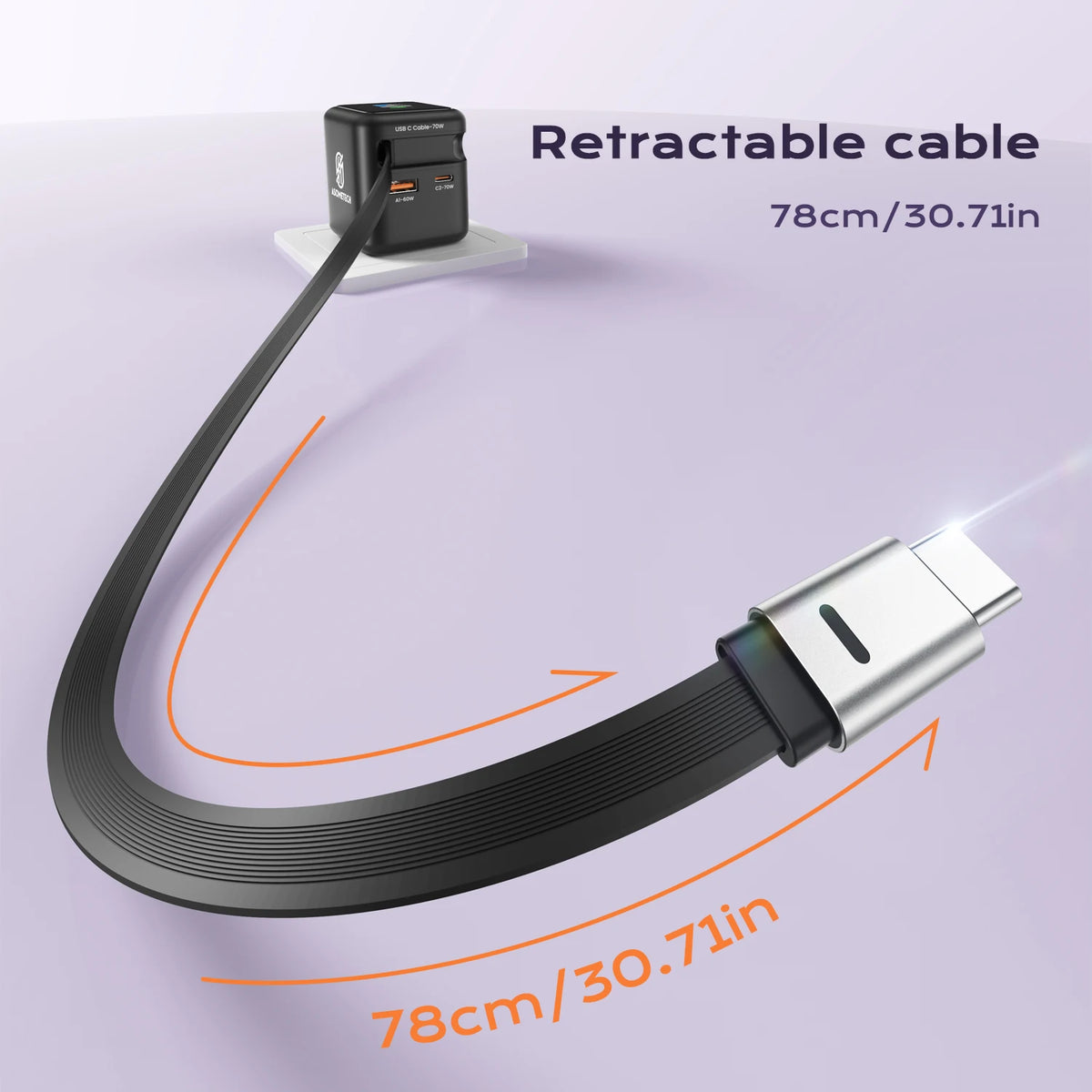70W GaN Fast Charger with Type-C Retractable Cable 3 IN 1 PD3.0 QC4.0 PPS Fast Charging for IPhone 16 15 14 Xiaomi Tablet Laptop