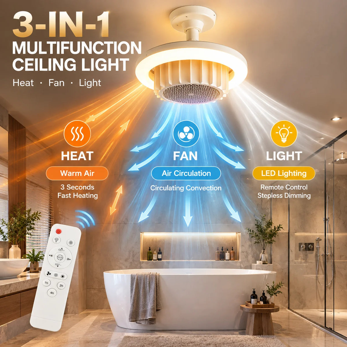 Smart 3-in-1 Bathroom Ceiling Light with PTC Heater, Ventilation Fan, 3 Color LED Lighting with Remote Control ,1H 2H 4H Timer
