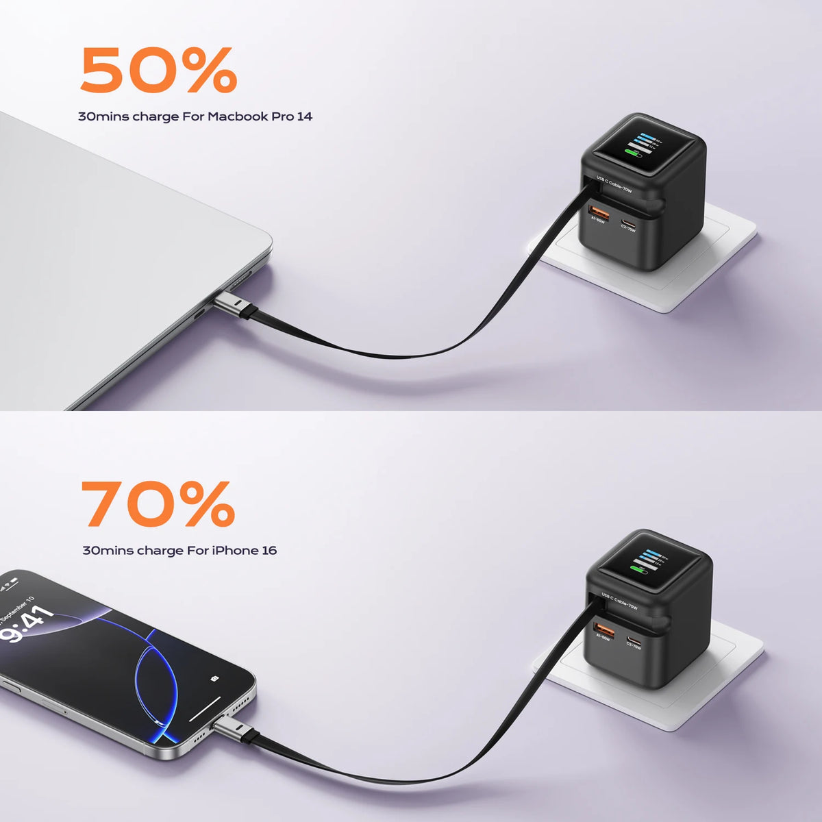 70W GaN Fast Charger with Type-C Retractable Cable 3 IN 1 PD3.0 QC4.0 PPS Fast Charging for IPhone 16 15 14 Xiaomi Tablet Laptop