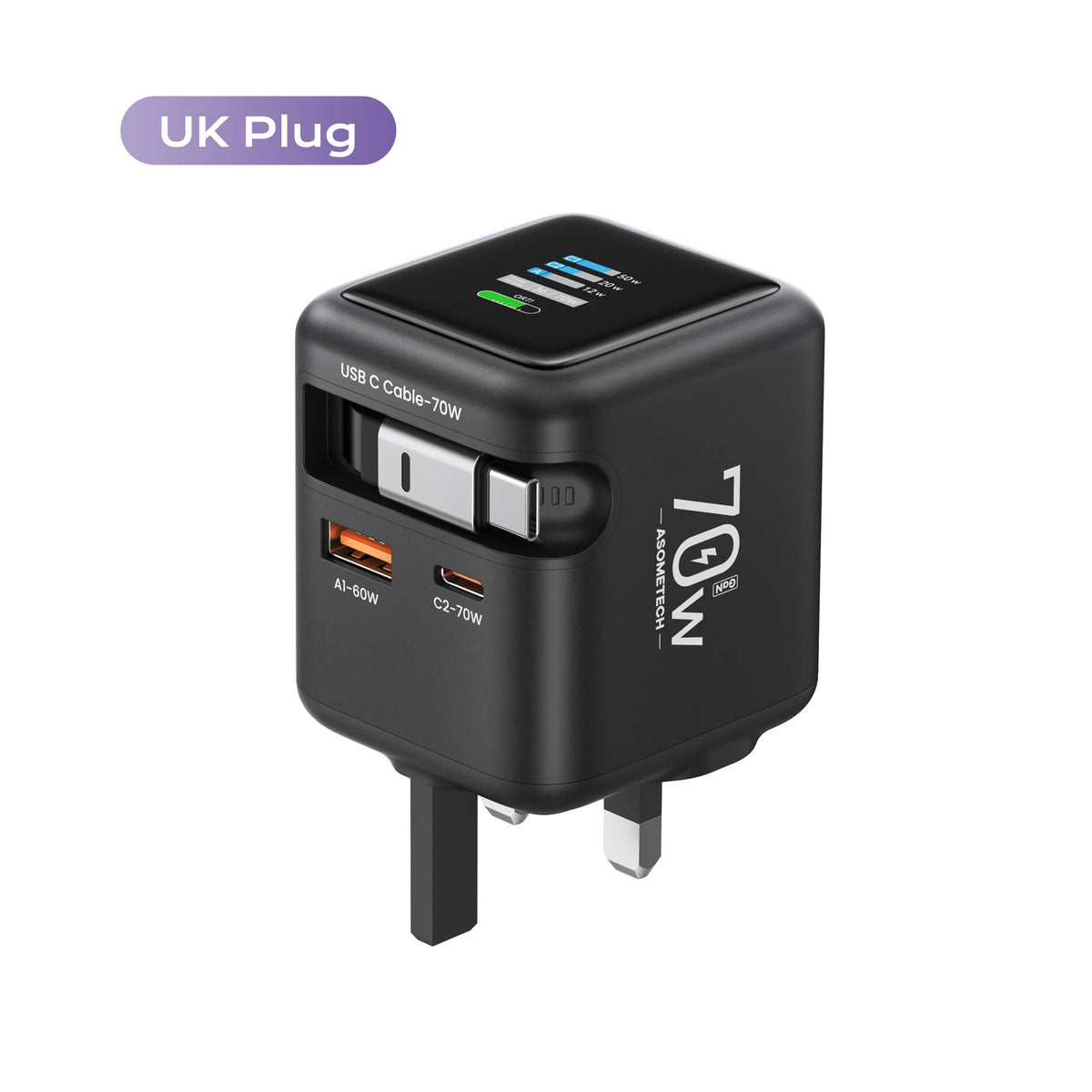 70W GaN Fast Charger with Type-C Retractable Cable 3 IN 1 PD3.0 QC4.0 PPS Fast Charging for IPhone 16 15 14 Xiaomi Tablet Laptop
