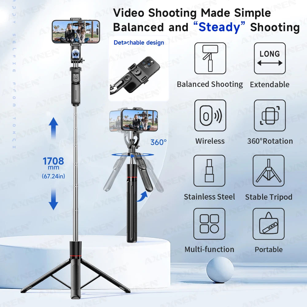 F16 Selfie Stick Tripod with 1708mm Long 8-Section Pole, Bluetooth Remote, 360° Rotation, 1/4 Interface, for Phone Camera Vlog