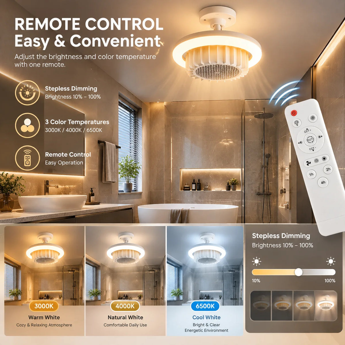 Smart 3-in-1 Bathroom Ceiling Light with PTC Heater, Ventilation Fan, 3 Color LED Lighting with Remote Control ,1H 2H 4H Timer